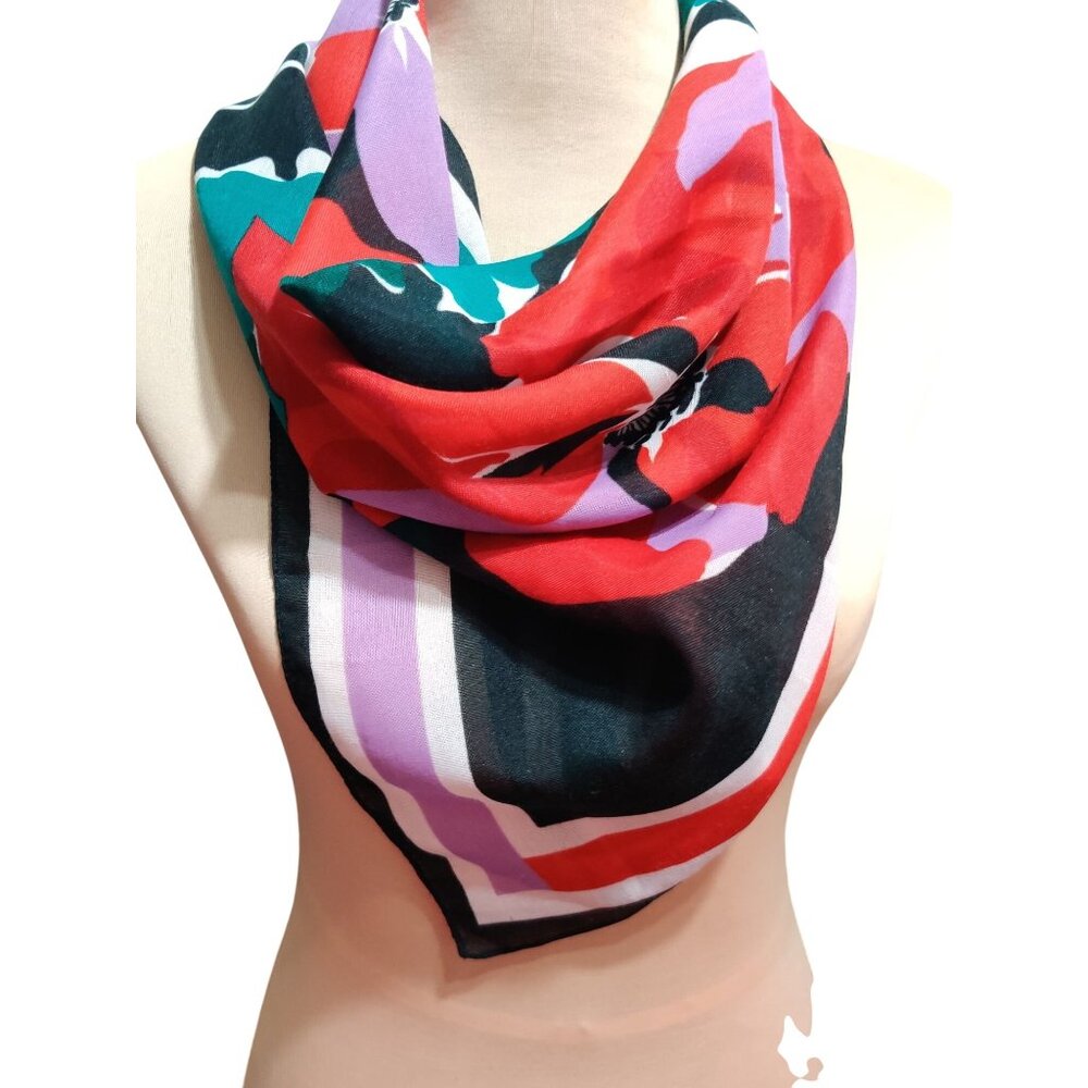 Womens Scarf Floral Print Square Vintage Lightweight Italian Bold Color Block